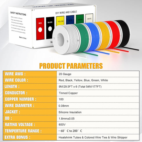 20 6 29.5ft/9M -60 200 AWG Wire Stranded Solid Core Hook-Up Flexible Wires, Colors Harnesses Each Roll Soft Silicone