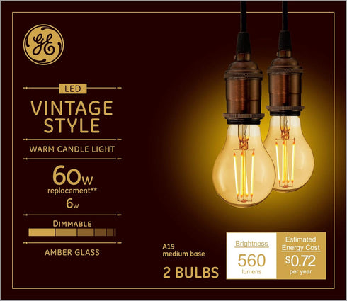 GE Lighting Vintage Style LED Light Bulbs 2 Pack, 6 Watts (60 Watt Equivalent), Warm Candle Light, Amber Glass