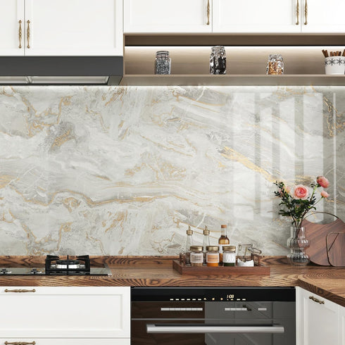 Gold Marble Contact Paper for Countertops, Shiny White Marble Peel and Stick Wallpaper for Cabinets