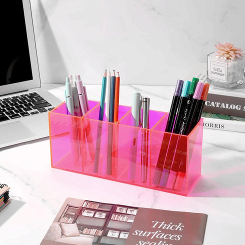 HappyDino Acrylic Pen Holder, Colored Pencil Cup Storage, Makeup Brush Holder, Thickened Version, Neon Pink