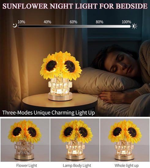 Lamp,3-Colour Dimming AIHYING Sunflowers Flower Lamp,Rechargeable Cordless Touch Infinitely Small Night Light,Crystal