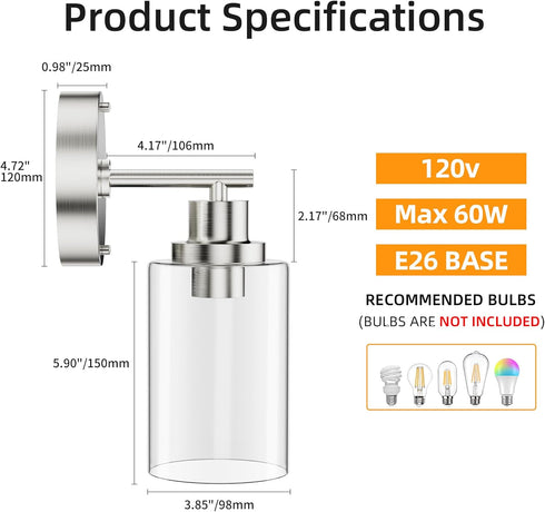 1-Light E26 Bulb GORDNWE Bathroom Wall Sconce, Brushed Nickel Vanity Light, Modern Wall Light Fixture with Clear Glass