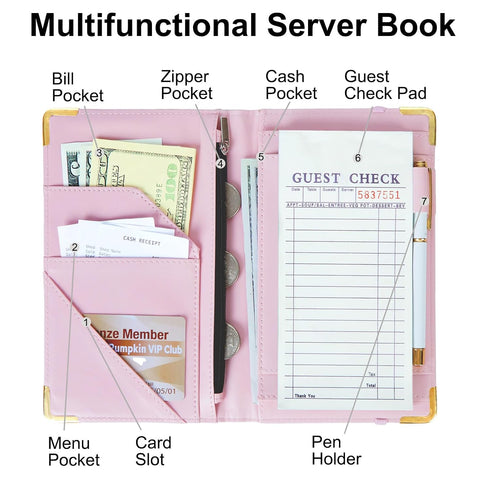 Bienbee Server Book, Waitress Book Server Books for Waitress Waiter with Money Zipper Pocket Serving Books Notepad