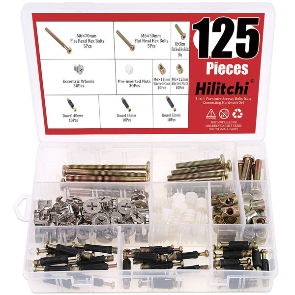 Hilitchi 125 Pcs 3 in 1 Cam Fitting with Dowel, Pre-inserted Nut, Zinc Plated Hex Drive Socket Cap Furniture