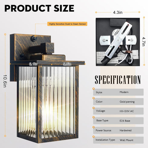 Outdoor Wall Light with Dusk to Dawn Sensor, Waterproof Exterior Light for House Porch and Garage, Black Brush Gold