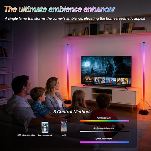 ZIRIKEDAI RGB LED Corner Floor Lamp USB Powered with App and Remote Control Music Sync Ideal for Living Room Bedroom