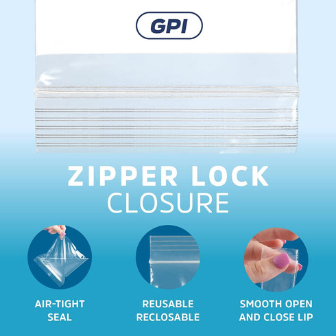 GPI - 2" x 3" - Bulk Pack of 100, 4 Mil Thick Clear Plastic Reclosable Zip Bags with Write-on White Block