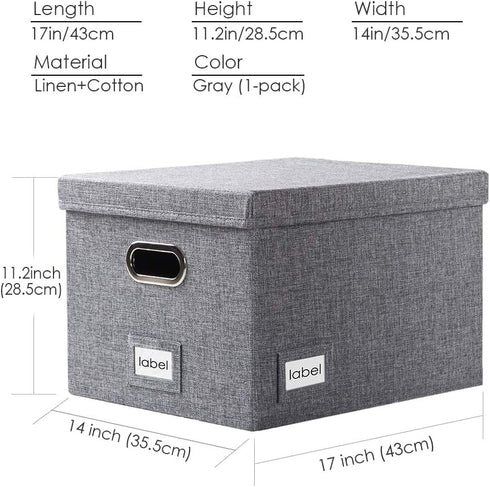 Prandom File Organizer Box - Collapsible Decorative Linen Filing Storage with Lids, Set of 1, Letter/Legal Size, Grey