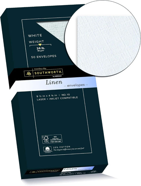 Southworth 25% Cotton #10 Envelopes, 4.125" x 9.5", 24 lb/90 GSM, Linen Finish, White, 50 Count - Packaging May Vary (P554-10) by Southworth