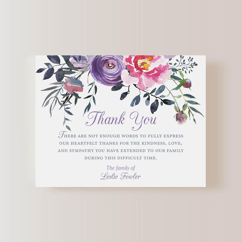 5.5x4.25 Sympathy Thank You Acknowledgement Cards, Personalized Pink and Purple Flowers Funeral Thank You Cards, Flat