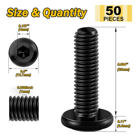 M6 x 25mm 50Pcs Flat Head Hex Socket Cap Screws, 304 Stainless Steel Full Thread Furniture Bolts, Black Oxide