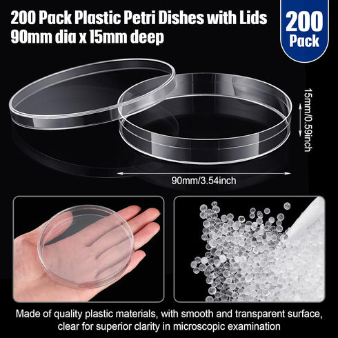 200 Pack Sterile Plastic Petri Dishes - 90mm Dia x 15mm Deep Clear Thick Science Dish Lab Cell Culture Dishes for Lab