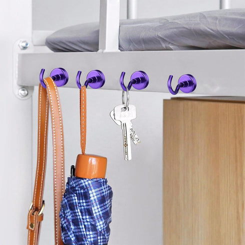 MIKEDE Heavy Duty Magnetic Hooks, 28LB+ Strong Neodymium Magnets for Fridge, Toolbox, Grill, 4 Pack (Purple)