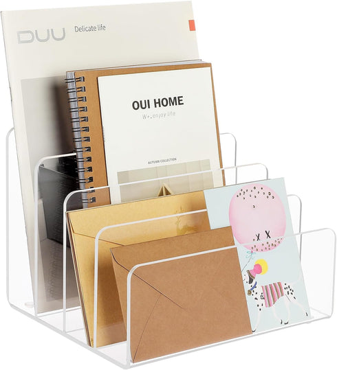 MaxGear Acrylic File Organizer for Desk, 4 Section Clear File Holder, Vertical Mail Desk Organizer for Documents