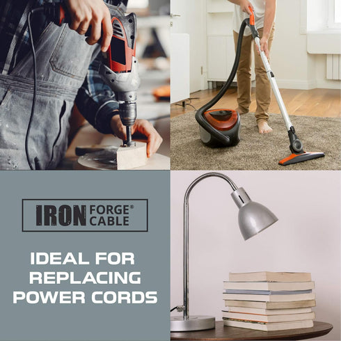 Iron Forge Cable 16 AWG Replacement Power Cord, 10 Ft Black Extension Cable, 2 Wire 16/2 SJT