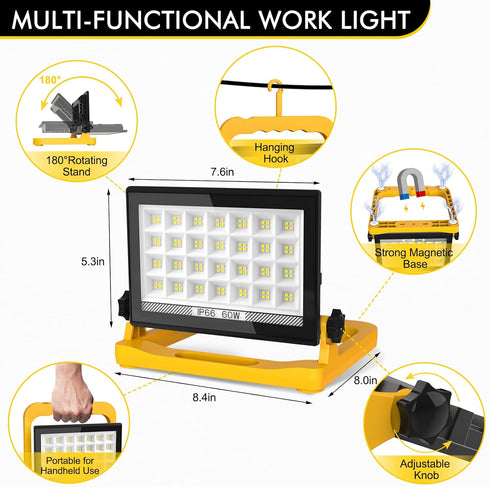 60W 6000LM 13ft 3 T-SUNiceM LED Work Light, Work Lights on StandLED Flood Light Outdoor Cord with Plug, Modes, Magnetic