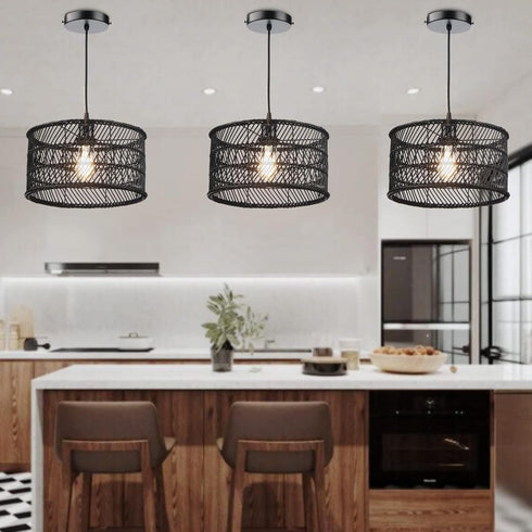12.4" HOONEX Rattan Chandelier, Rattan Light Fixture Ceiling, Wicker Pendant Light for Dining Room Bedroom Kitchen