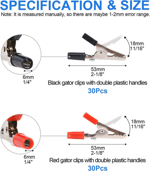 Glarks 60Pcs 53MM Insulated Alligator Clip Clamp Assortment Kit, Red Black Electrical Test Clamps with Plastic Hands for Electrical Testing