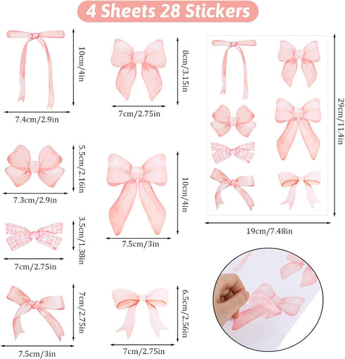 Aeaocvo 28 (6 Pcs Pink Bow Wall Stickers, Bow Room Decor for Girls, Peel and Stick Wall Stickers for Girls Room Nursery