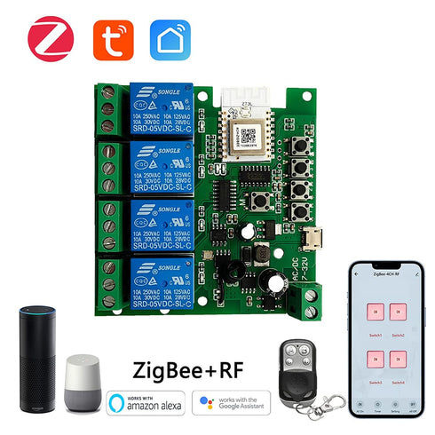 Zigbee Tuya Smart 4 Channel Smart Relay Module, 433RF Remote Control, USB 5V 7-32V, Jog/Lock Switch, Compatible with
