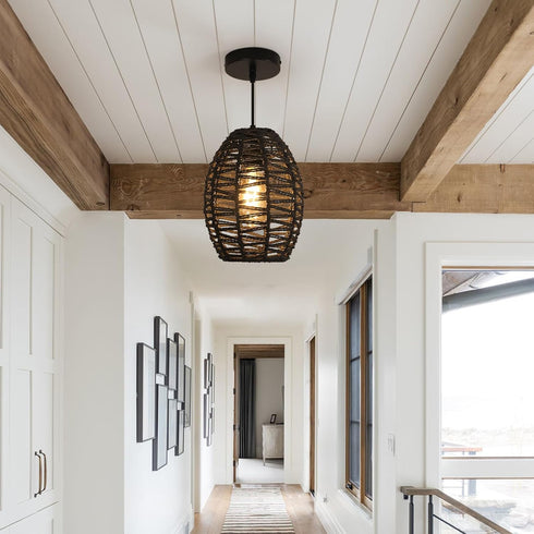 4.9ft DELIPOP Pendant Light, Hand-Woven Rattan Chandelier, Boho Hanging Light with Adjustable Cord for Living Room