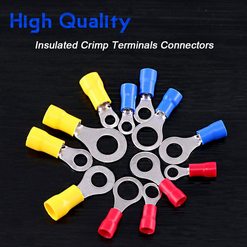 Glarks 360pcs Mixed Quick Disconnect Electrical Insulated Connectors, M4 / 5/6 / 8 Ring Crimp Terminals