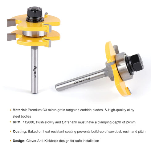 2PCS Tongue and Groove Set - 1/4 Inch Shank Router Bit Set, 3 Teeth Adjustable T Shape Wood Milling Cutter