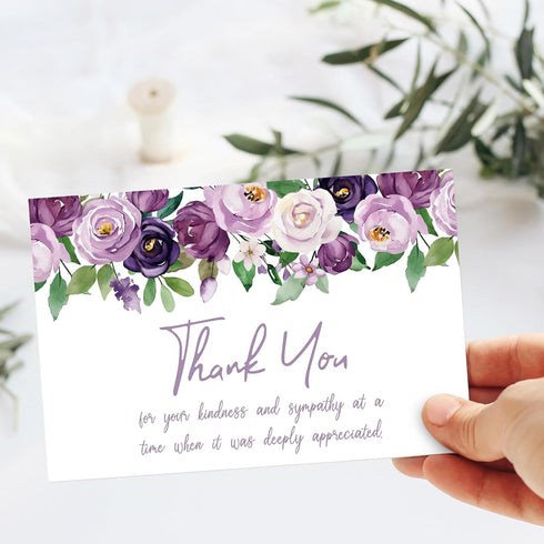 50 FYSUIMU Pcs Funeral Thank You Cards Bulk Boxed Floral Sympathy Blank Note Cards with Sticker Envelope Purple Flower
