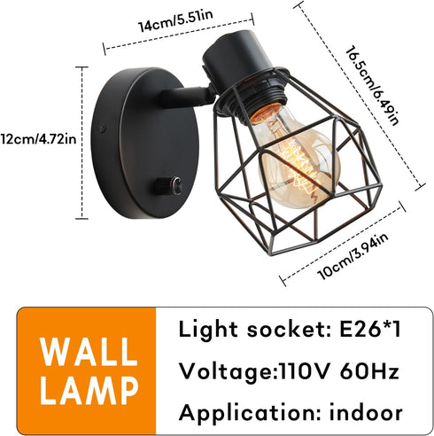 Dimmer LG9933941 Lightess Black Wall Sconce with ON Off Switch, Adjustable Head Vintage Cage Wall Mount Light Fixture