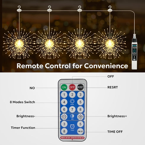 800 8 4 Packs Firework Lights Outdoor LED, String Light USB Rechargeable Battery Powered Smart with Remote, Modes