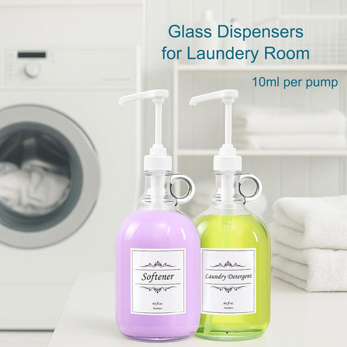 2 Pack 64 Oz Laundry Detergent Dispenser with Pump and Lid, Glass Bottles for Laundry Room Organization and Storage