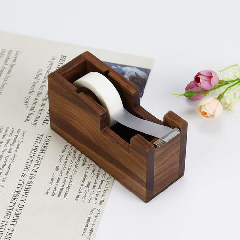 Multibey Wood Tape Dispenser for Desk - Natural Walnut Wood Desktop Tape Holder with Non-Slip Base & Tape Cutter