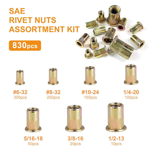 Trivd Frol 830pcs #6-32, #8-32, #10-24, 1/4-20, 5/16-18, 3/8-16, 1/2-13, 830pcs) Rivet Nut Tool Kit, SAE/Metric Rivet
