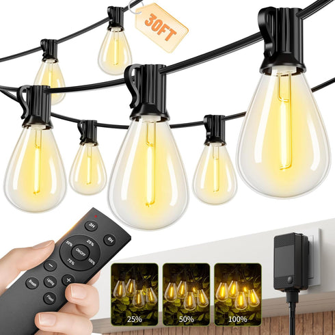 Sikitul 30FT LED Outdoor String Lights with Remote, One Continuous Strand Patio Lights