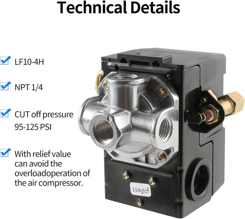 Air Compressor Pressure Switch Replacement LF10-4H, 95-125 PSI Range, 20A Rating, 4-Port