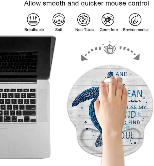 Ergonomic Mouse Pad Wrist Support and Coffee Coaster, Funny Words with Blue Sea Turtle on Rustic Wooden Board Design