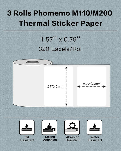 Phomemo Labels - 3 Rolls M110 Thermal Paper for M110/M220/M221/M120/M200, 320 Labels/Roll (1.57'' x 0.79'')
