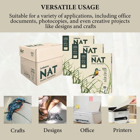 Ledesma NAT Letter Size 8.5"x11" Sugarcane Pulp Printer Paper, 75 GSM, Unbleached, 3 Reams - 1500 Sheets