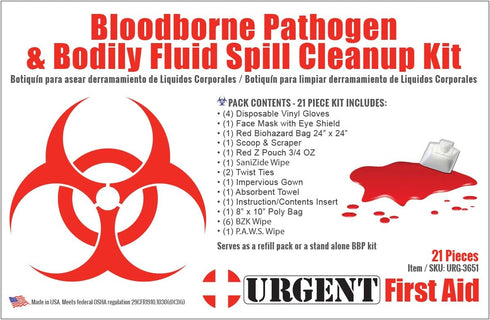 Urgent First Aid 22 Piece Bodily Fluid Clean Up Pack, OSHA Compliant Bloodborne Pathogen Spill Kit