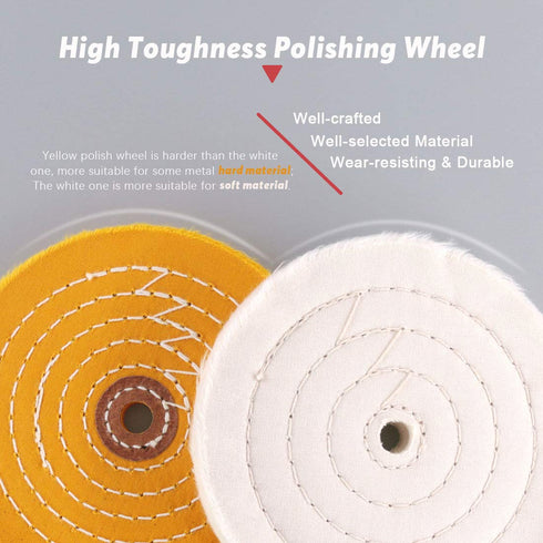Hilitchi 2 Pcs 6 Inch Extra Thick Buffing Polishing Wheels for Bench Grinder, White (60 Ply) and Yellow (42 Ply), 1/2"