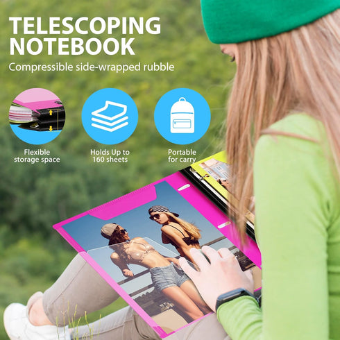 WOT I All-in-one Telescoping Binder Notebook 2PCS, Refillable 3 Ring Binder with Customized Front Cover+Catalog Back Pocket+5 Subject Dividers+Movable Pocket Folder+60 Sheets Notepaper, Pink by WOT I