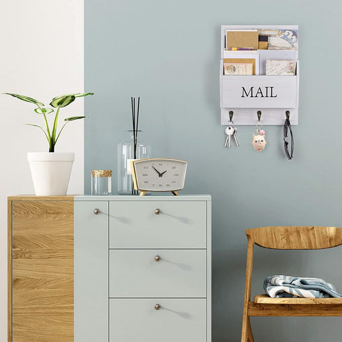 DLQuarts Mail Organizer with Key Holder, Wall Mounted Wooden Mail Sorter with 3 Hooks, White
