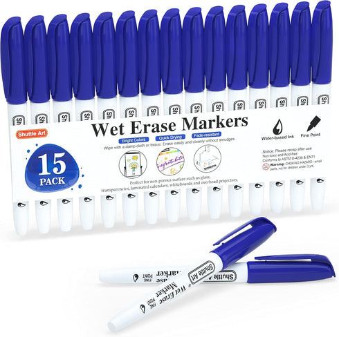 Shuttle Art Wet Erase Markers, 15 Pack Blue 1mm Fine Tip Smudge-Free Markers for Whiteboards and Glass