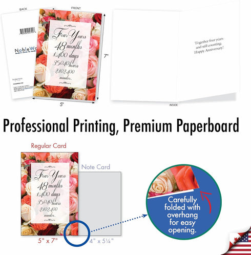 NobleWorks 4th Milestone Anniversary Notecard with Envelope - 4 Years of Marriage, Love Flower for Wife, Husband