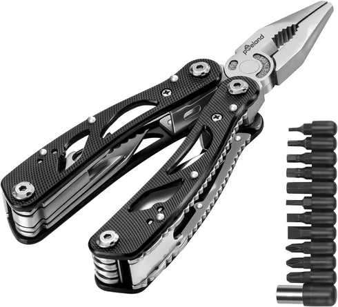 Poeland Multitool Pliers Set, Stainless Steel Screwdriver Tool with 11 Screwdriver Bits, Black