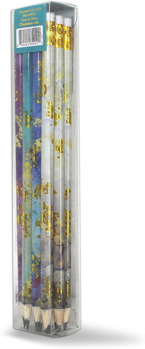 Channie's No. 2 HB 4 Gold Leaf Pencils Set of 12 - Fun Wooden Pencils with Colorful Abstract Patterns