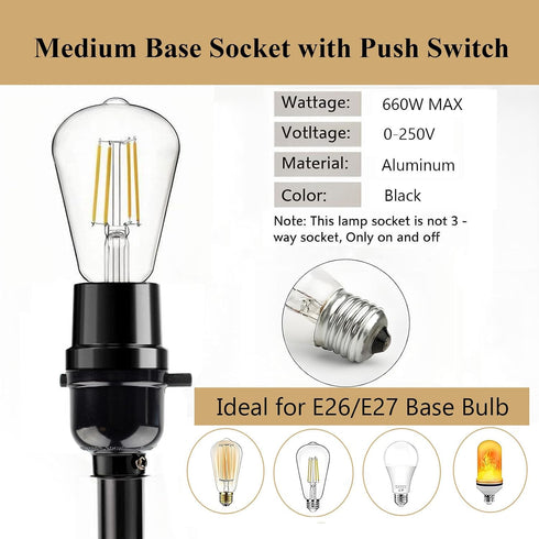 3 Pack E26 Phenolic Medium Base Light Socket with Push Switch, Medium Screw Light Holder Black Edison Retro Pendant
