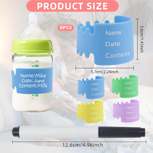 Fampery 8PCS 4 Silicone Baby Bottle Labels for Daycare Writable Bottles Label Reusable Bottle Bands for Daycares