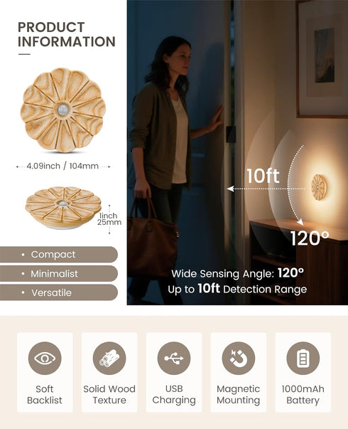 Night Light Wooden Carved Flower Mini USB Rechargeable Motion Sensor Nightlights Magnetic Wall Light for Hallway