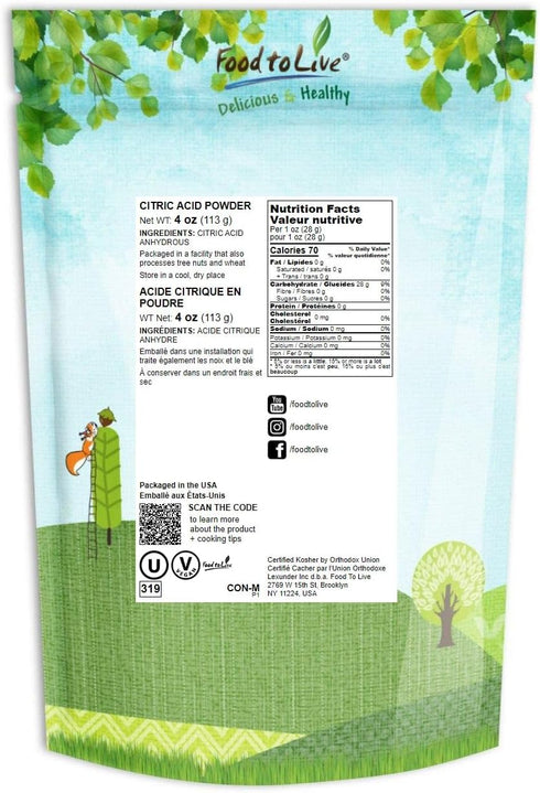 Food to Live Citric Acid Powder, 4 Ounces, Anhydrous Fine Granules, Food Grade Lemon Salt for Cheese Making